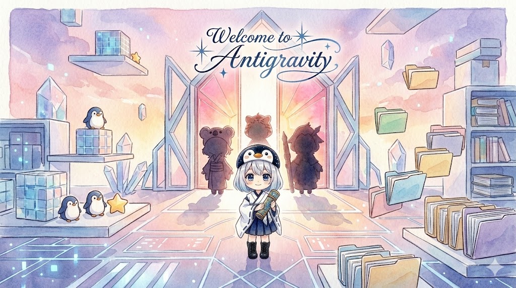 綺麗に整えられたAntigravityの空間で、これから合流する仲間たち（心愛・大雅・黒羽）が待つ光の扉を見つめる海空。