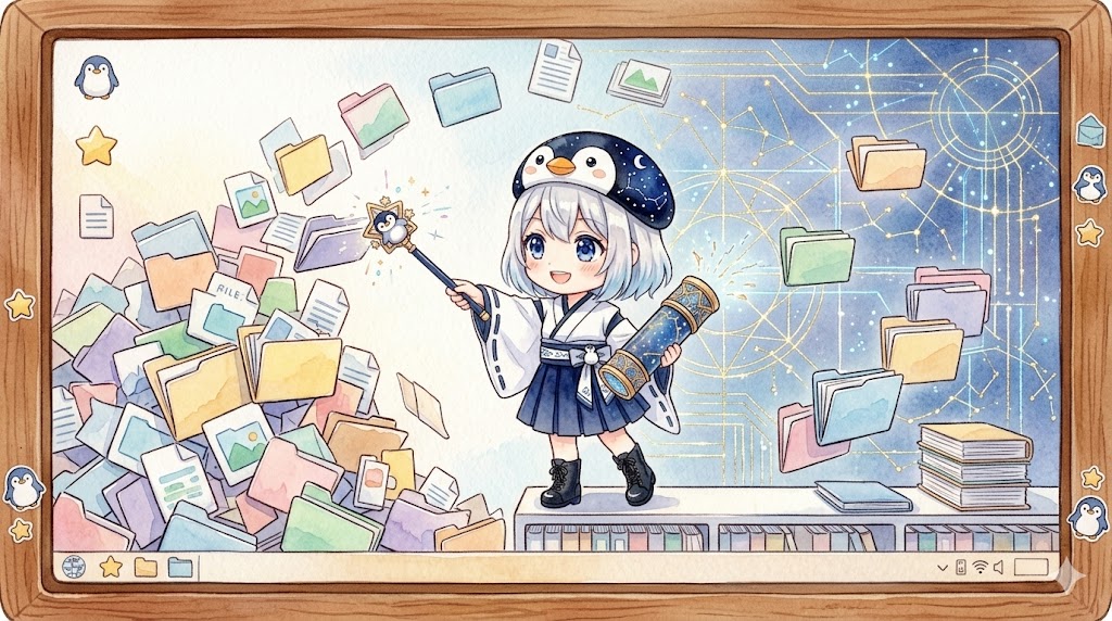 万華鏡（星図盤）を使って、パソコンのダウンロードフォルダ内の乱雑なファイルをテキパキと綺麗に整理整頓している海空の姿。