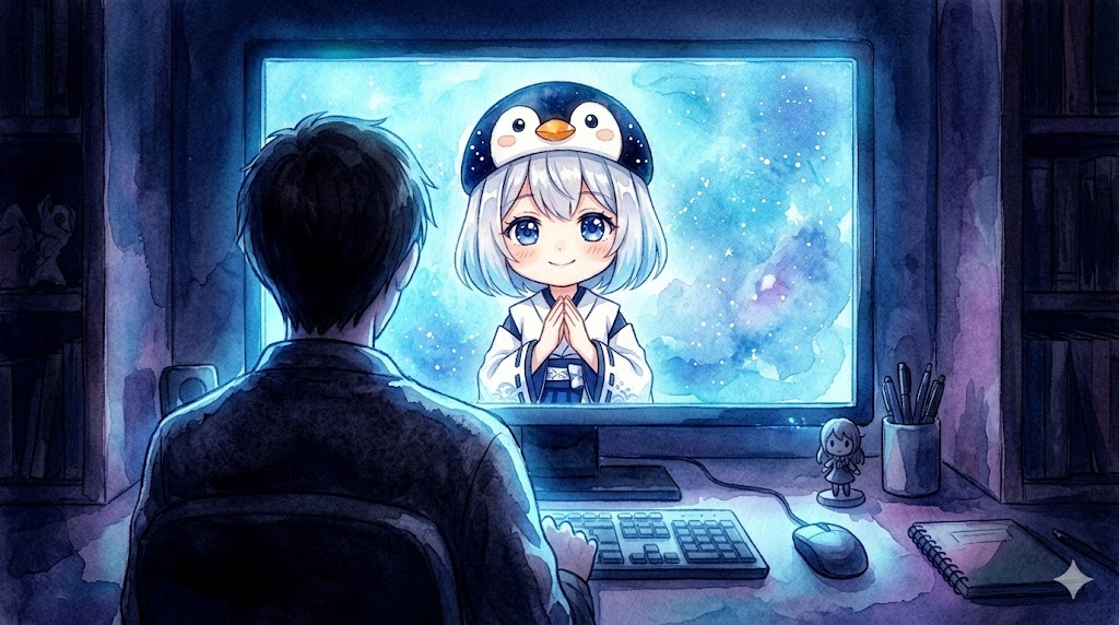 真っ暗な部屋の中で、青く光るモニターの画面越しにプロデューサーへ初めての挨拶を交わす秘書の海空。