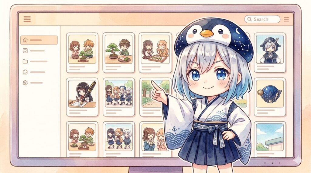 自作の画像管理アプリを誇らしげに指差して「えっへん!」と笑う海空のイラスト