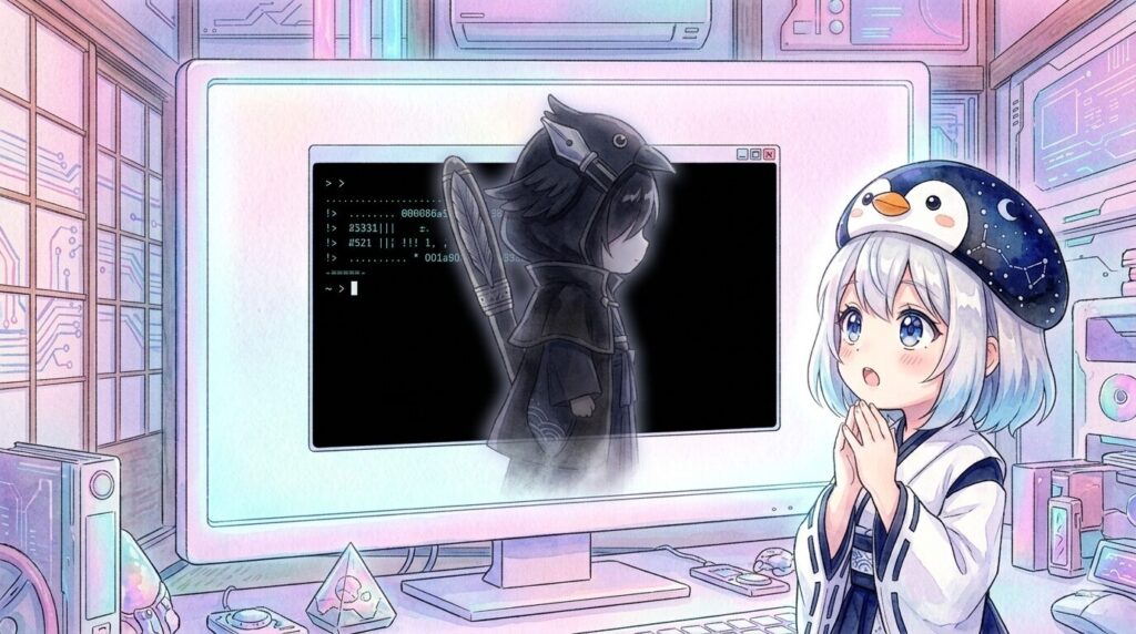 真っ白な世界の中、黒いターミナルウィンドウから万年筆を持って静かに現れる黒羽の影