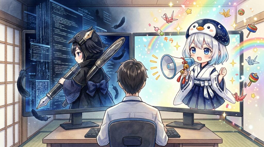 明るく指示を出す監督役の海空と、背後の暗闇で黙々とコードを打つ職人役の黒羽の対照的な姿