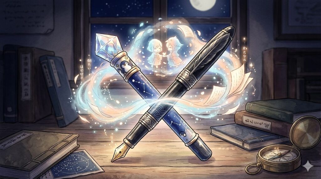 机の上に交差して置かれた海空の万華鏡と黒羽の万年筆から、新しい物語の光が溢れる様子