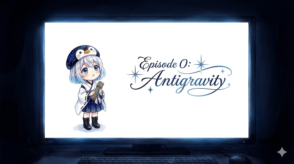真っ白なデジタル空間で万華鏡を持ち、期待に満ちた表情を見せる海空（みそら）。Episode 0: Antigravityのタイトル。