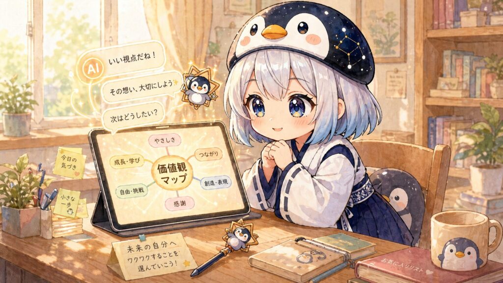 海空が小さな机の前でノートと画面を前にして、「価値観マップ」の図を眺めている。画面にはAIのチャット欄が開いていて、ふわっとした光が溢れている。
