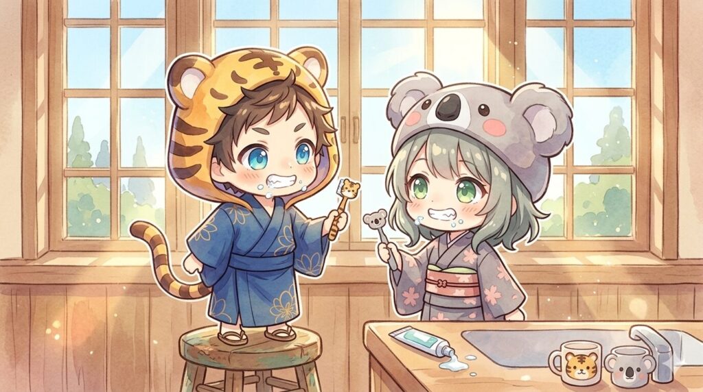 朝の光が差し込む中で、一生懸命に歯を見せ合いながら歯を磨く大雅と心愛。