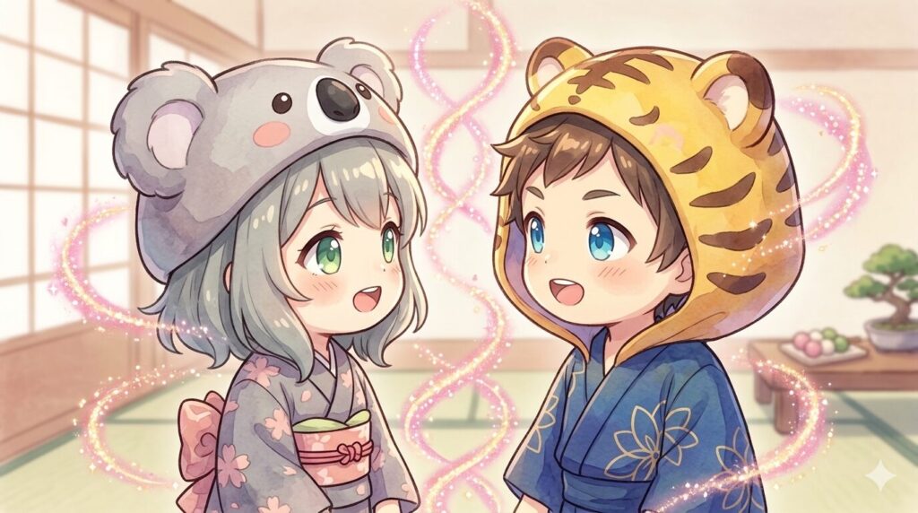 練習中にお互いの声が重なり、驚きと喜びに満ちた表情で視線を交わす心愛と大雅のアップ