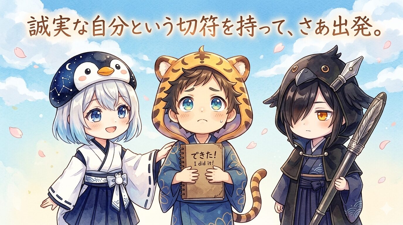春の空を背景に、大雅くんが「できた！」ノートを胸に抱えて空を見上げている。海空と黒羽がその左右でそっと寄り添っている。画面上部に「誠実な自分という切符を持って、さあ出発。」という手書き風の文字。