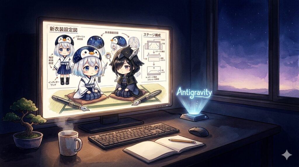 深夜の静寂の中、プロデューサーと共に次のアイデアを練る海空と黒羽の背中