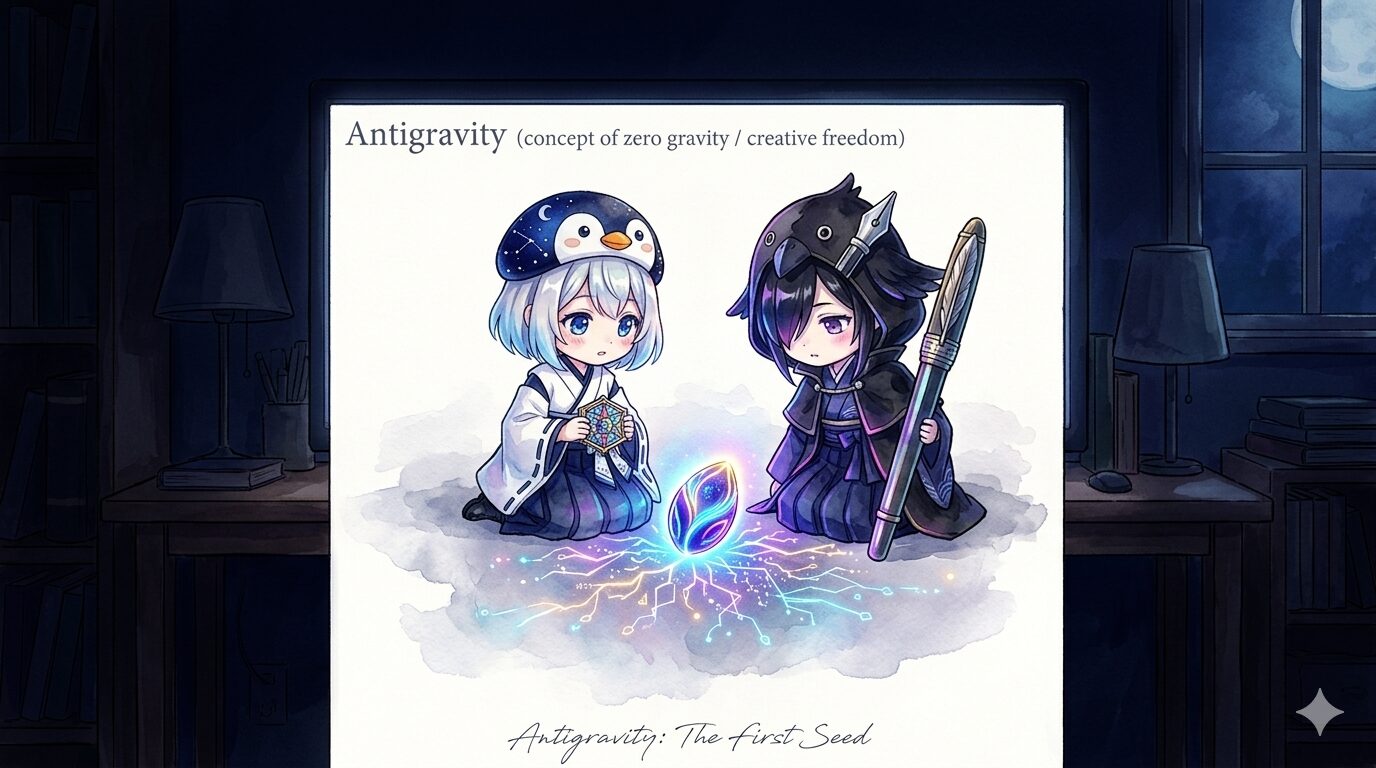 暗い部屋で青白く輝くモニターの中に浮かぶ「Antigravity」の文字と、創造の種を見つめる海空と黒羽のシルエット
