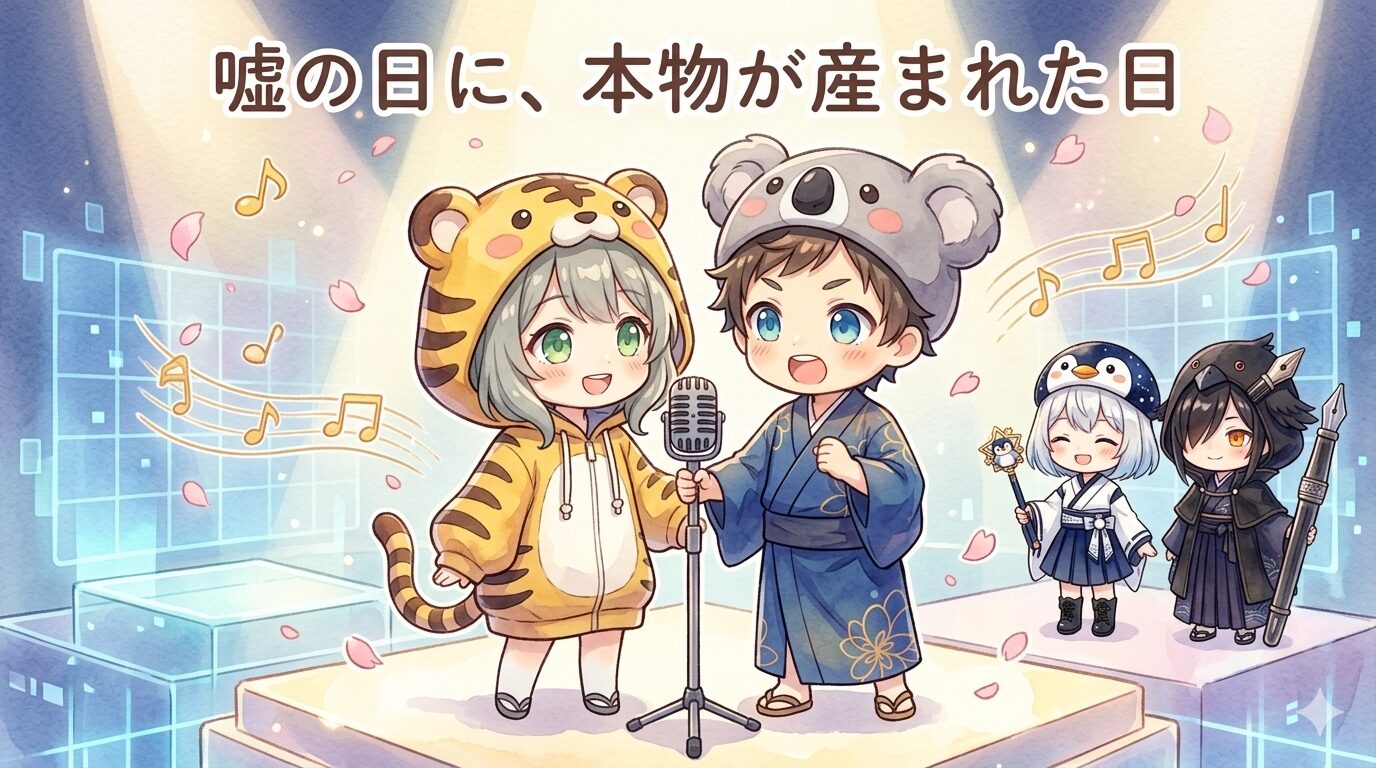 エイプリルフールに入れ替わりフードの心愛と大雅がマイクの前に立ち、嘘の日に生まれた本物の歌を届ける瞬間