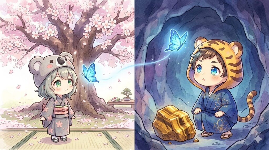 一本桜の精霊・心愛と、虎目石の精霊・大雅が、それぞれの世界で招待状を受け取る対比