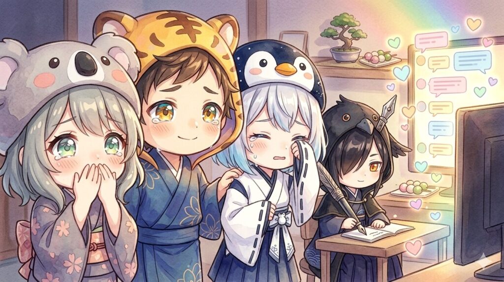 ファンからの反応を見て感動する四人、心愛が涙をこらえ、黒羽が記録を書き留めている