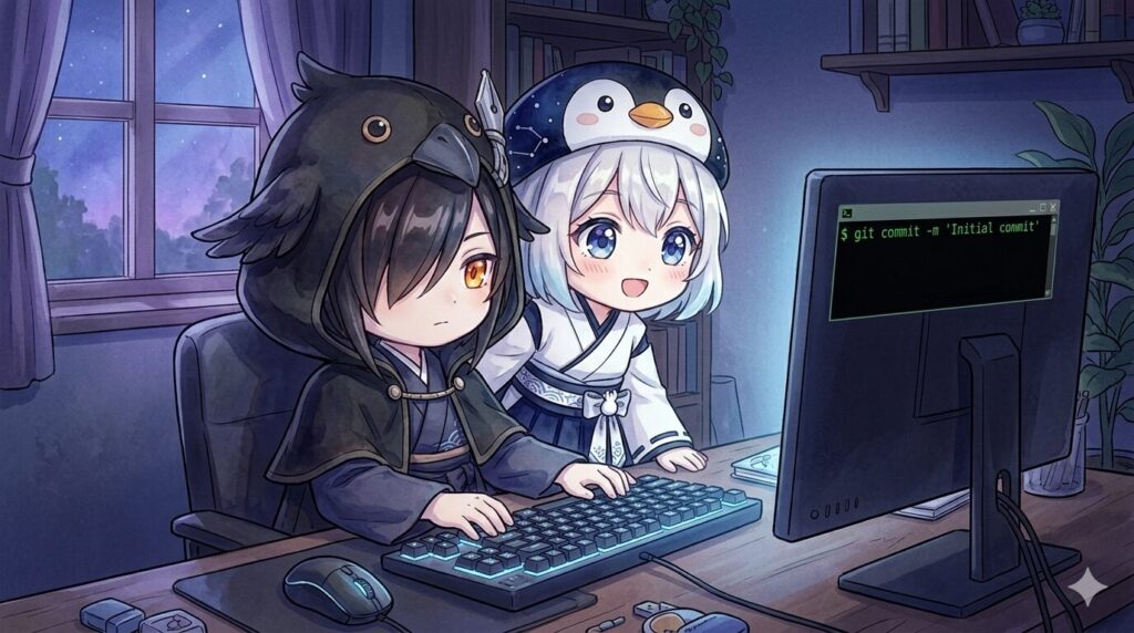 深夜の静かな部屋で、GitHubへの初コミットを実行する黒羽と、それを横で「わくわくっ！」とした表情で見守る海空。モニターには「First Commit」の文字が光っている。