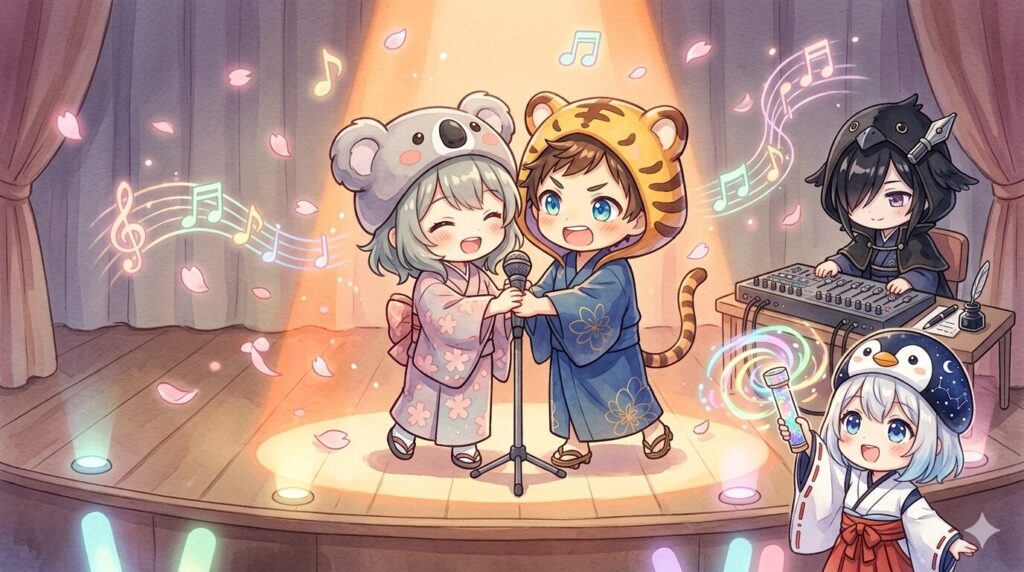 即席ステージで『ソノウソホント』を練習する心愛と大雅、袖で応援する海空と音響を担当する黒羽