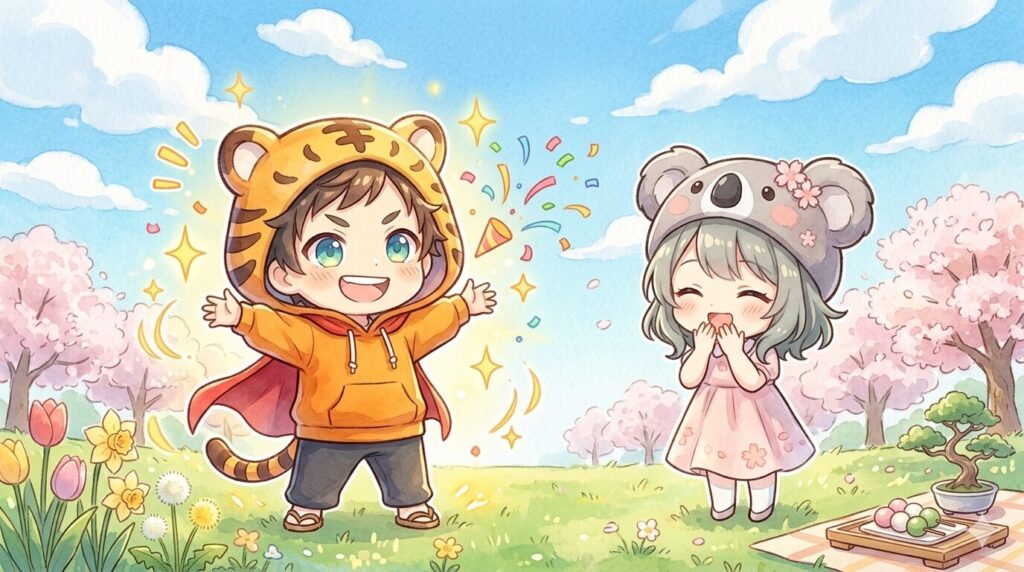 大雅が赤いマントをはためかせて両手を広げ、ヒーローのポーズをしている。背景には青空と春の雲。横で心愛がくすくす笑いながら見守っている。