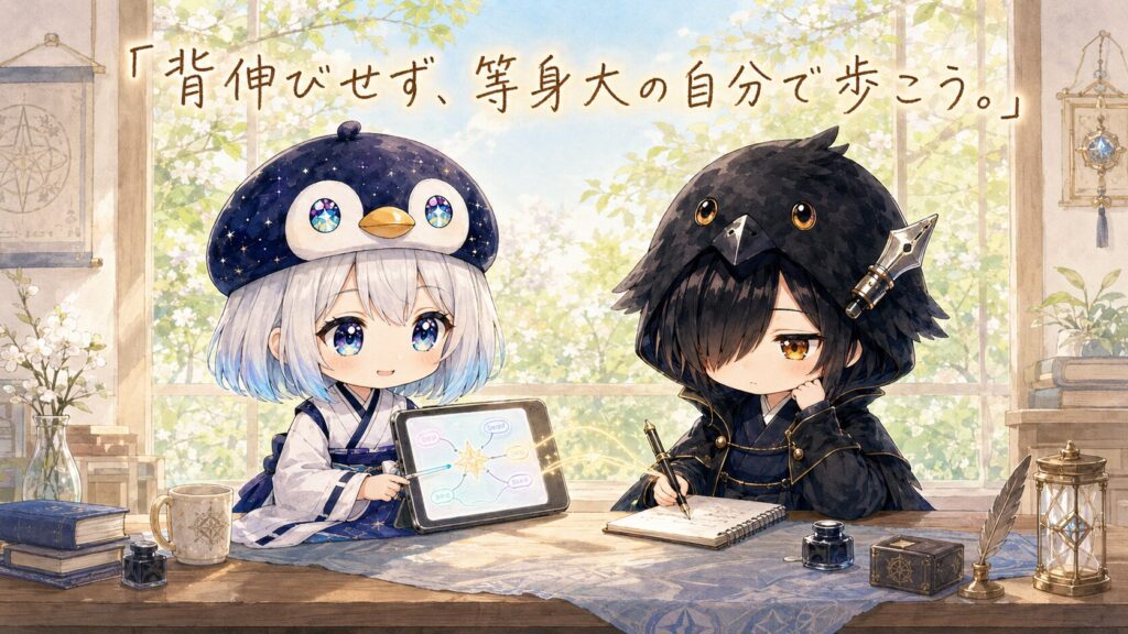 窓際に座る海空と黒羽が、春の光の中でそれぞれ自分の仕事をしている。海空はタブレット、黒羽はノート。どちらも静かに集中していて、でも二人の間にはふんわりした温かさがある。窓の外には柔らかな春の緑。画面上部に「背伸びせず、等身大の自分で歩こう。」という手書き風の文字。