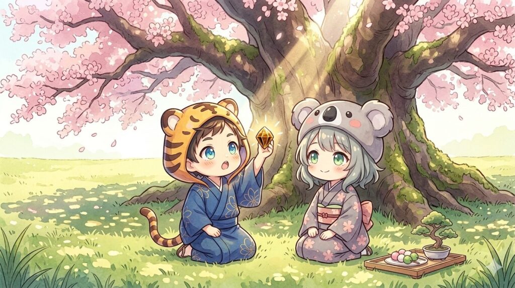 秘密の広場の隅っこで、キラキラした石を見つけて目を輝かせる大雅。