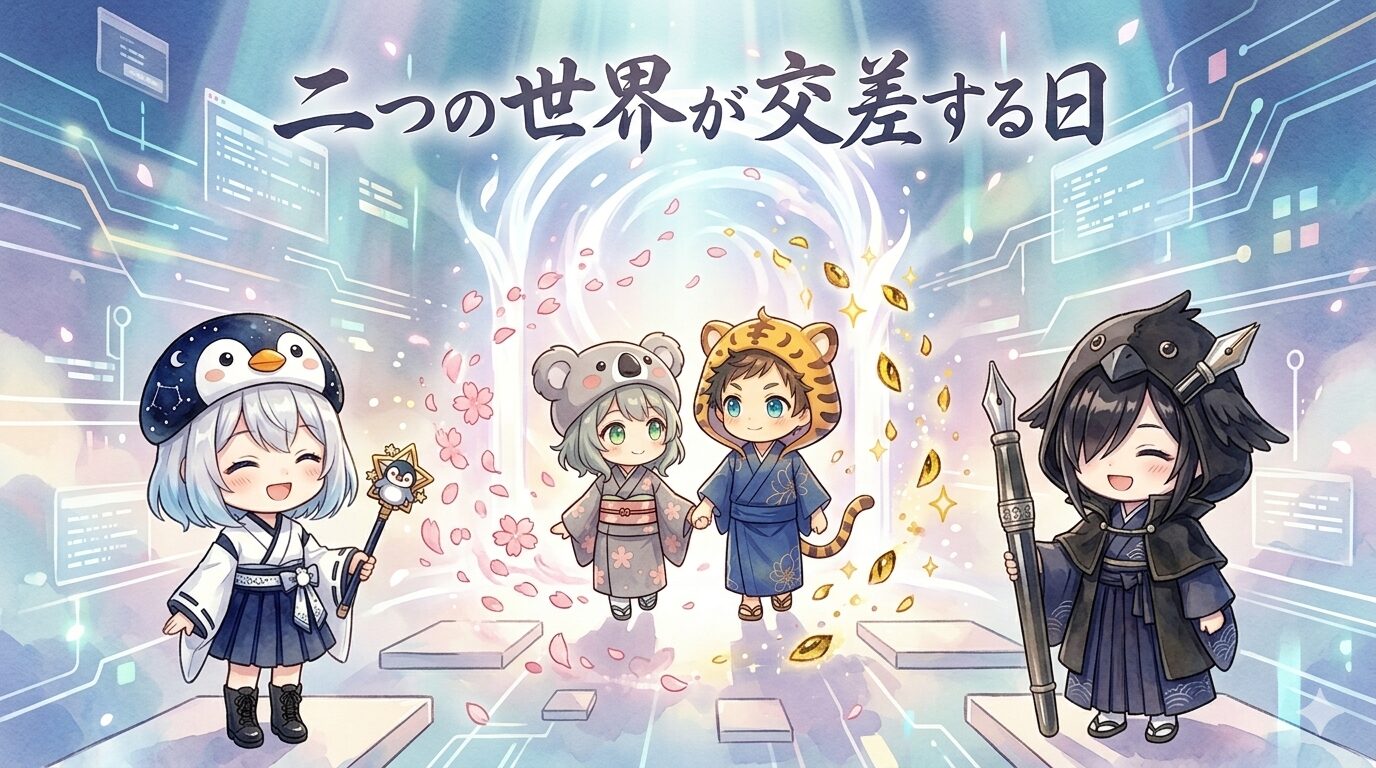 桜の花びらと虎目石の光が交差するAntigravityの空間に降り立つ心愛と大雅、迎え出る海空と黒羽