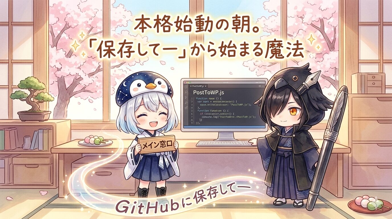 月曜の朝日が差し込むワークスペースで、海空が「メイン窓口」の小さな看板を胸に抱き、黒羽がその隣でPostToWP.jsのコードが映るモニターに手を添えている。二人の足元には「GitHubに保存してー」の文字が光の帯になって流れている。
