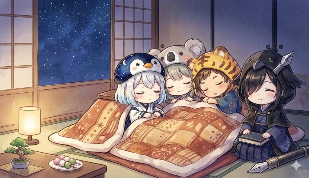 練習を終えて一つの毛布で寄り添い、明日への期待を胸に眠りにつく四人の穏やかな夜