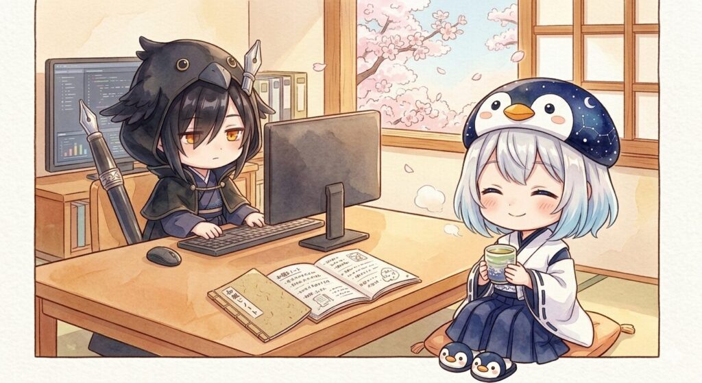 朝の静かなワークスペース。秋色さんがノートに何かを書き込んでいる横で、黒羽がモニターに向かい、海空がそっと横で温かいお茶を飲んでいる。