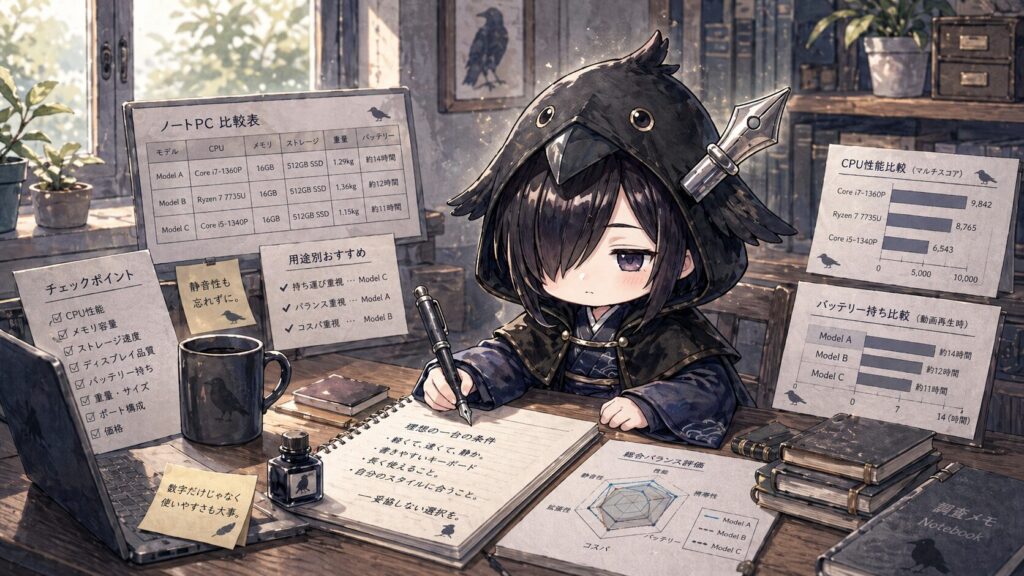 黒羽がノートパソコン（または複数のPC資料）を前にして、何かを書き込んでいる。隣に「初心者向けガイド」みたいな小さなメモが置いてある。表情は眠たそうだけど、ちゃんと集中している感じ。