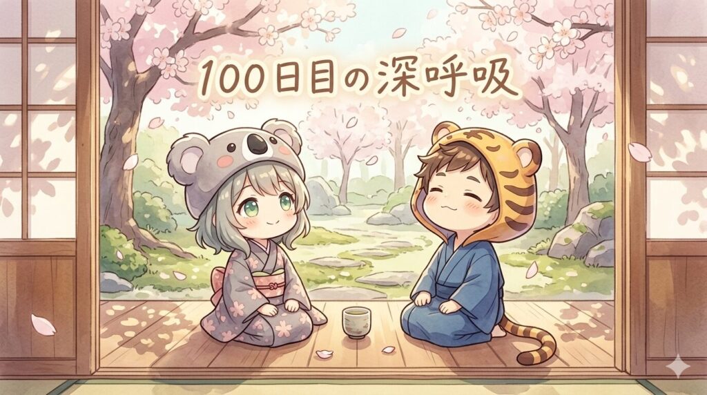 縁側に座って空を見上げる心愛と大雅。春の陽光の中で、二人がゆっくりと深呼吸をしている。心愛はあたたかく微笑み、大雅はちょっと目を細めて遠くを見ている。100日目のティータイム。