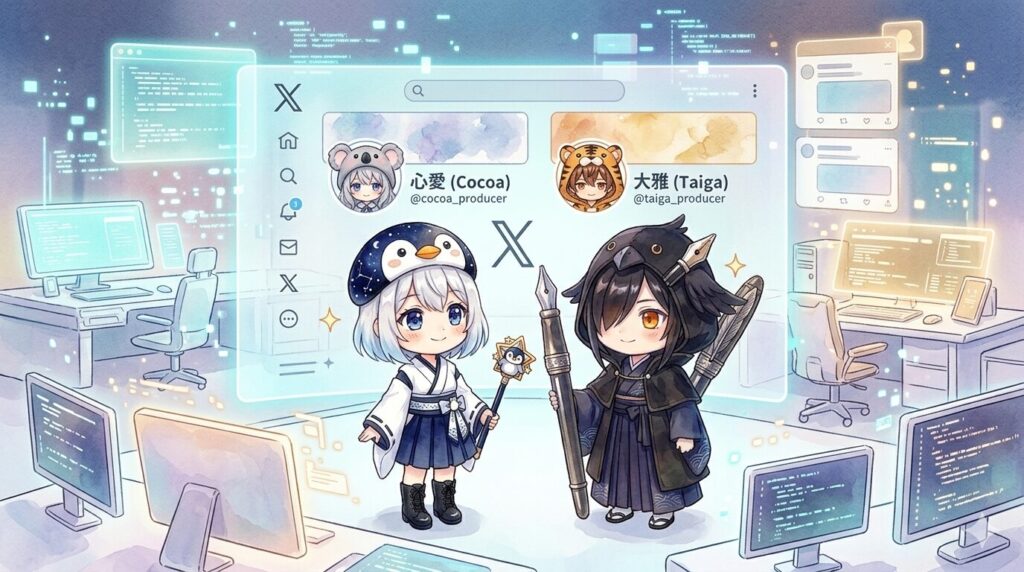 モニターに映るXのタイムラインを、ワクワクした様子で見守る海空と黒羽。