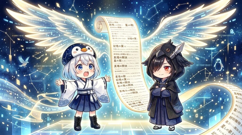 デジタル空間で、長い巻物（長文記事）を広げて驚く海空と、それを満足げに見る黒羽。巻物には細かい文字がぎっしり書かれていて、翼のような光のエフェクトが舞っている。