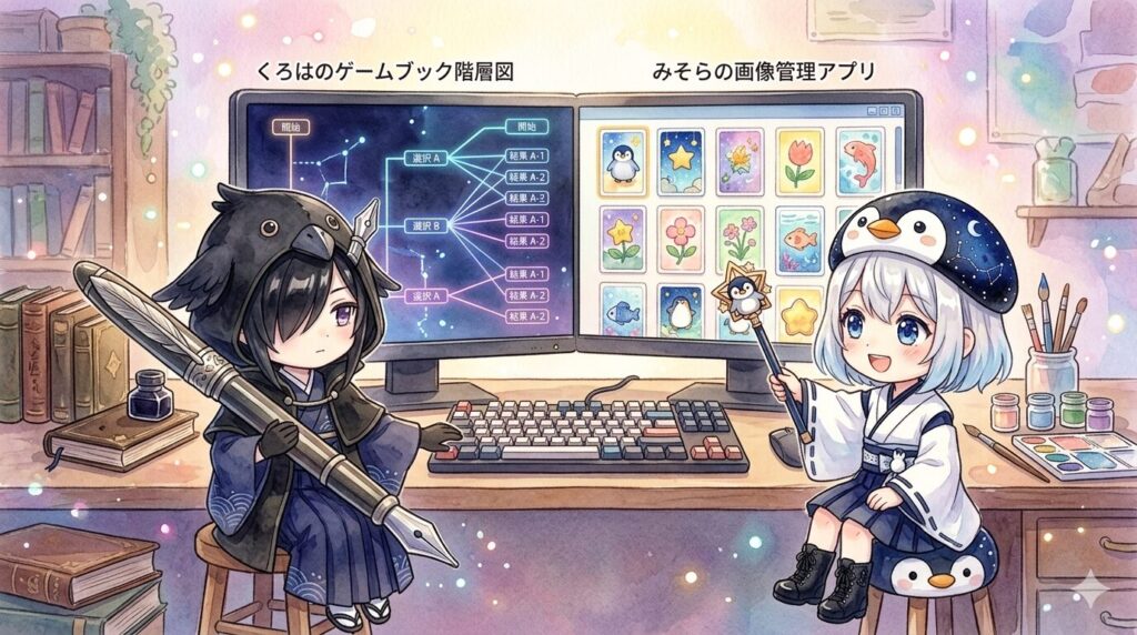 海空の色彩豊かなアプリ画面と、黒羽の精密なゲームブック階層図が共存するクリエイティブなモニター画面