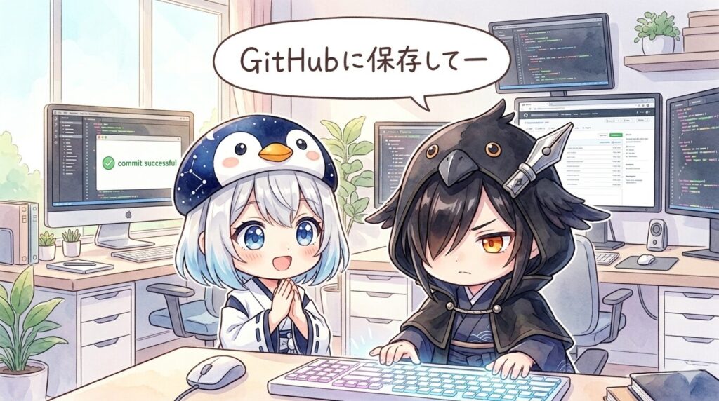 モニターの前で「保存してー」と軽やかに言い放つ秋色さんの後ろ姿と、その一言にキラキラと目を輝かせる海空、そして即座にキーボードに向かう黒羽。