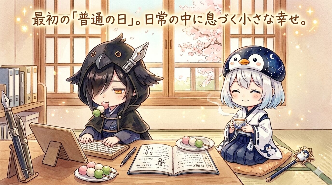 春の朝の光が差し込むワークスペース。黒羽は少し眠たそうな顔で、でも確かな手つきでキーボードを打っている。海空はその横でお茶を飲みながらにっこり笑っている。画面上部には「最初の「普通の日」。日常の中に息づく小さな幸せ。」という手書き風の文字。