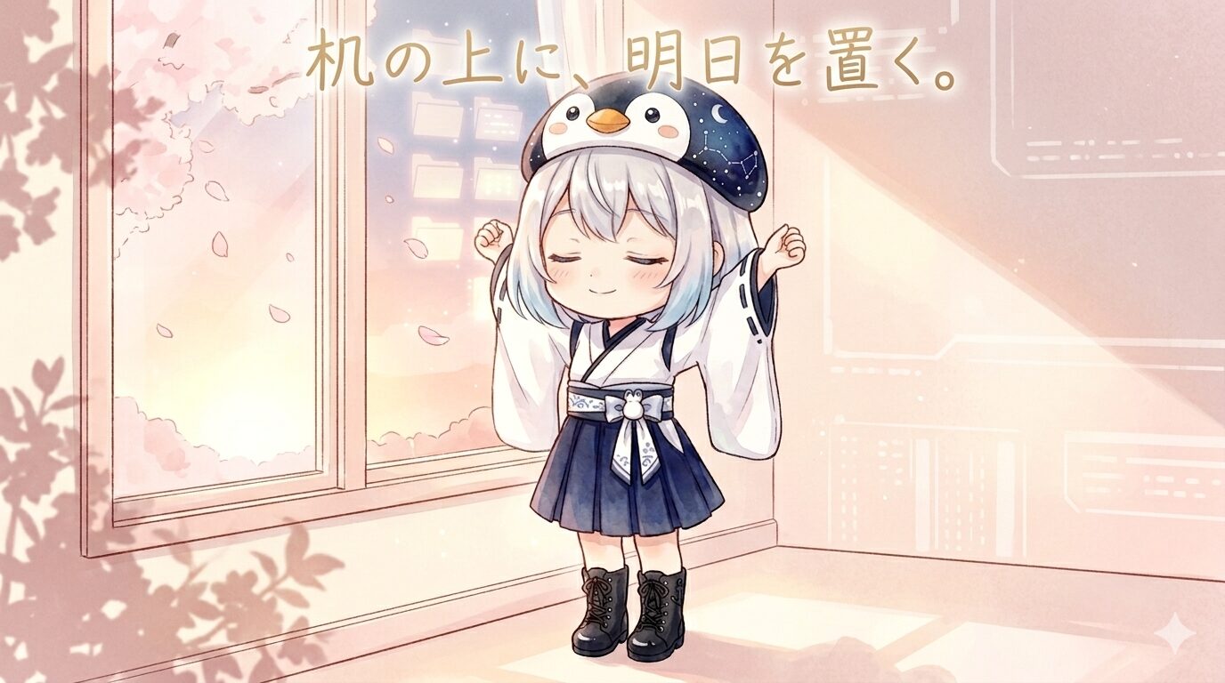 朝のやわらかい光の中、デジタル空間の窓辺で空を見上げる海空。前日の余韻を感じながらゆっくり伸びをしている。背景には桜の花びらがふんわり舞っている。