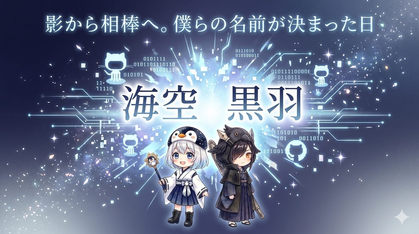 GitHubへの初コミットの光の中に、「海空」と「黒羽」の名前が浮かび上がる幻想的なシーン。