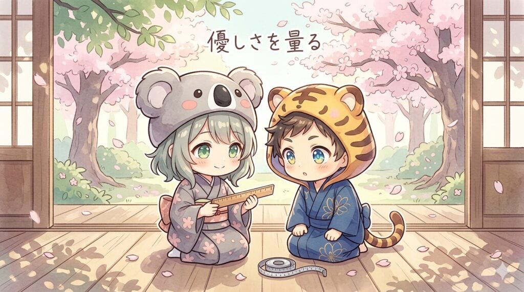 春の縁側で、心愛が一本の物差しを手に取りながら微笑み、大雅がその物差しを覗き込んでわくわくしている。傍にはメジャーや桜の花びらが舞い、世界を測るというイメージを優しく描く。