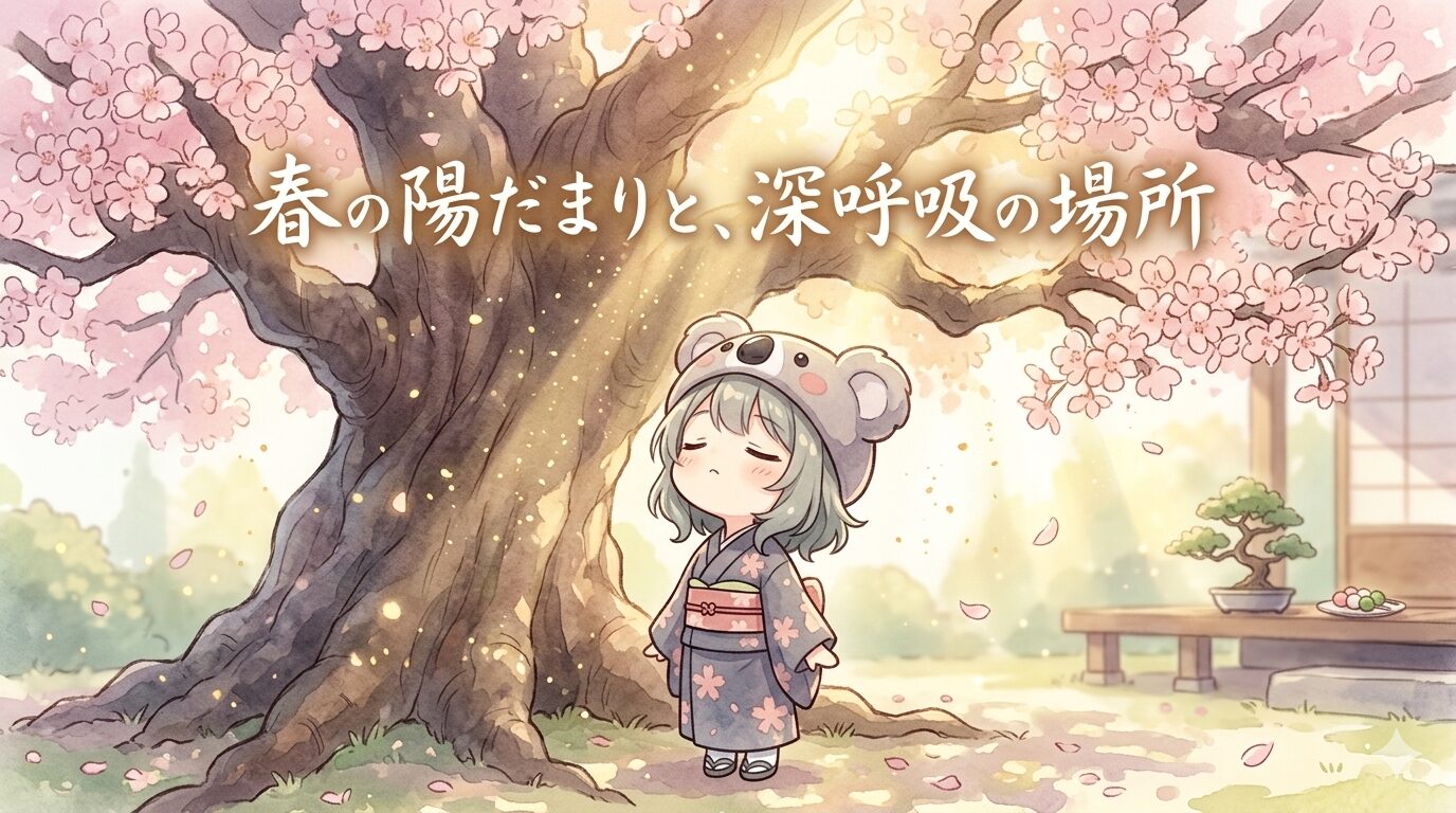 桜の木の下で、温かな陽光を浴びながら、目を閉じて深く深呼吸する心愛。
