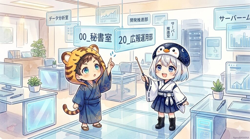 「秘書室」「広報運用部」といった新しい看板を前に、興味津々で覗き込む大雅と、優しく説明する海空。