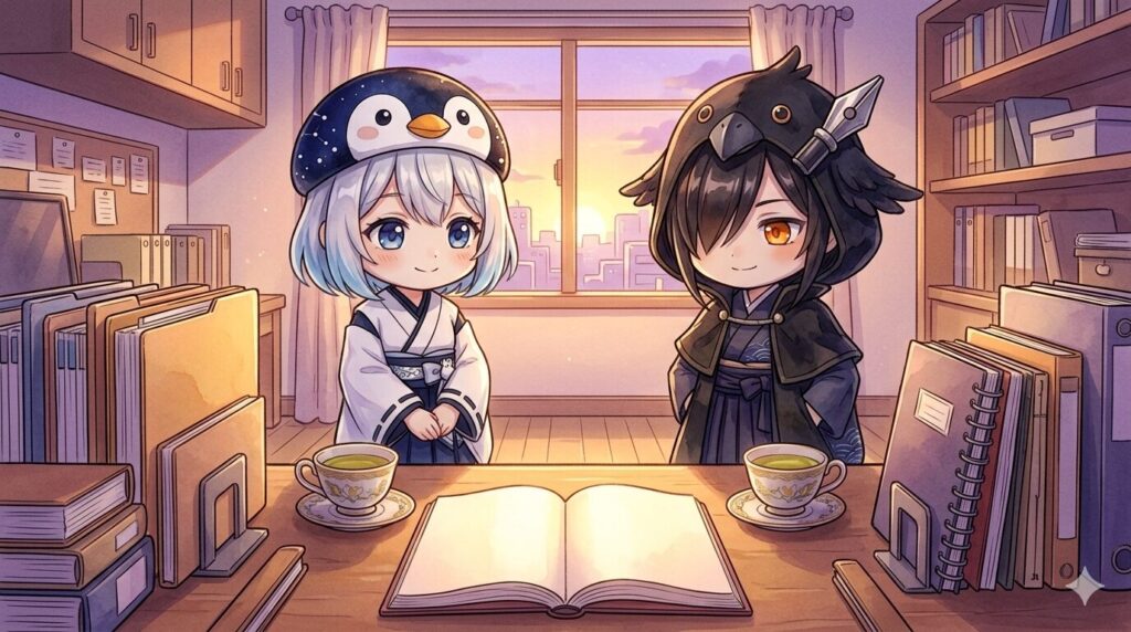 夕方の光の中、海空と黒羽が並んで立ち、整理された机を見つめている。机の上にはファイルやノート、お茶碗が整然と並び、奥には次のページに向かって開かれたノートがある。