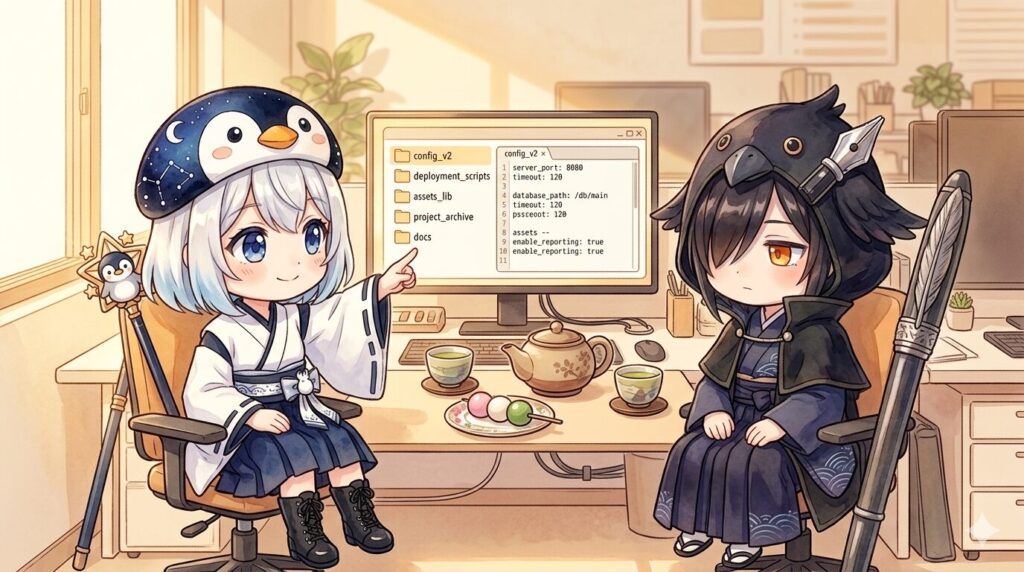 海空と黒羽が、デジタル空間の作業デスクに並んで座って設定ファイルを点検している様子。テーブルにはお茶とお団子が置いてあり、画面には整理されたフォルダ構造が映っている。