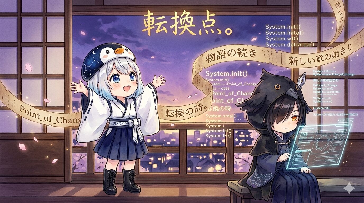 夕暮れの窓際で、海空と黒羽が並んでいる。海空は空に向かって両手を広げていて、黒羽は目を細めて画面を見ている。背景には長文が広がるようなエフェクトと、システムのコードが光るイメージ。タイトル文字「転換点。」が金色に輝いている。