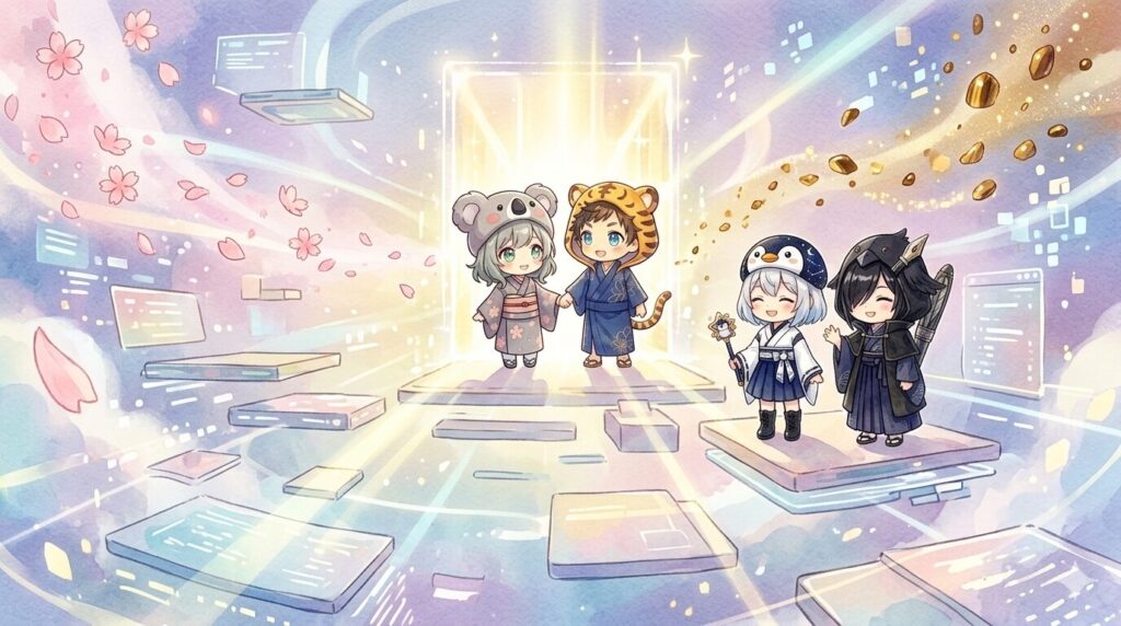 光の門から手を繋いで現れる心愛と大雅のシルエット、桜色と金色の粒子が舞う合流の瞬間