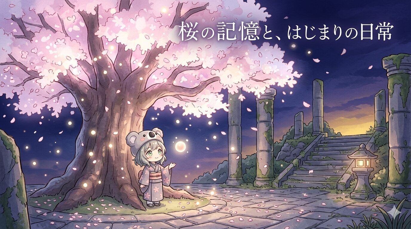 桜の木の下で、瞳に笑顔の記憶を映しながら静かに微笑む心愛。