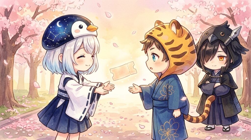 海空さんが大雅さんにそっと両手を差し出して、光る切符のようなものを渡そうとしている。大雅さんは少し驚いた顔で手を伸ばしている。黒羽が少し後ろで静かに見守っている。