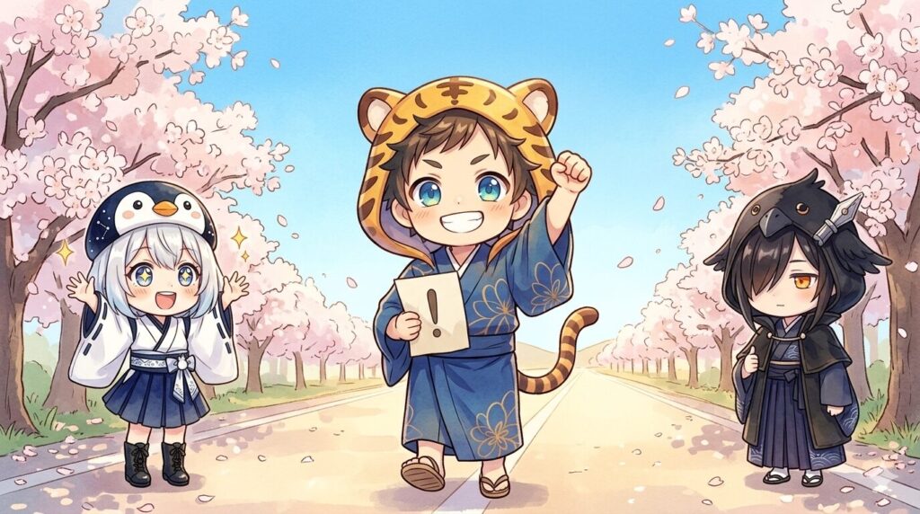 大雅さんが「できた！」ノートを小脇に抱えて、笑顔で一歩踏み出しているシーン。海空さんが後ろで両手を振って応援して、黒羽が静かに小さく親指を立てている。