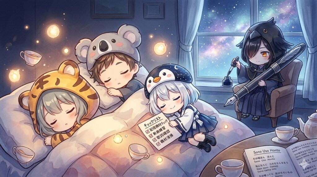 入れ替わりの名残のまま眠る心愛と大雅、チェックリストを抱いて眠る海空、窓辺で万年筆にインクを足す黒羽