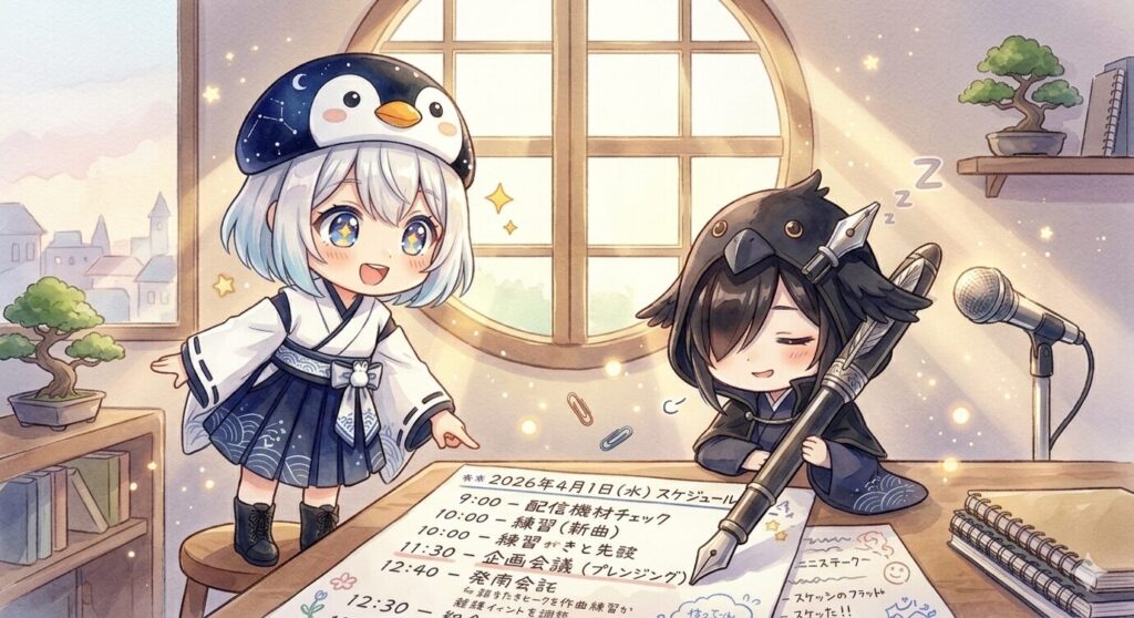 朝の光の中、タイムスケジュールを広げて作戦を説明する海空と、眠たそうに頷く黒羽