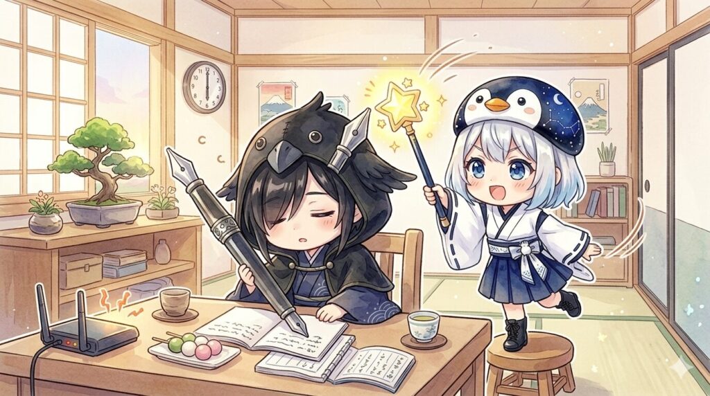 デスクで居眠りする黒羽を海空が賑やかに起こそうとする、実験場の朝の日常風景