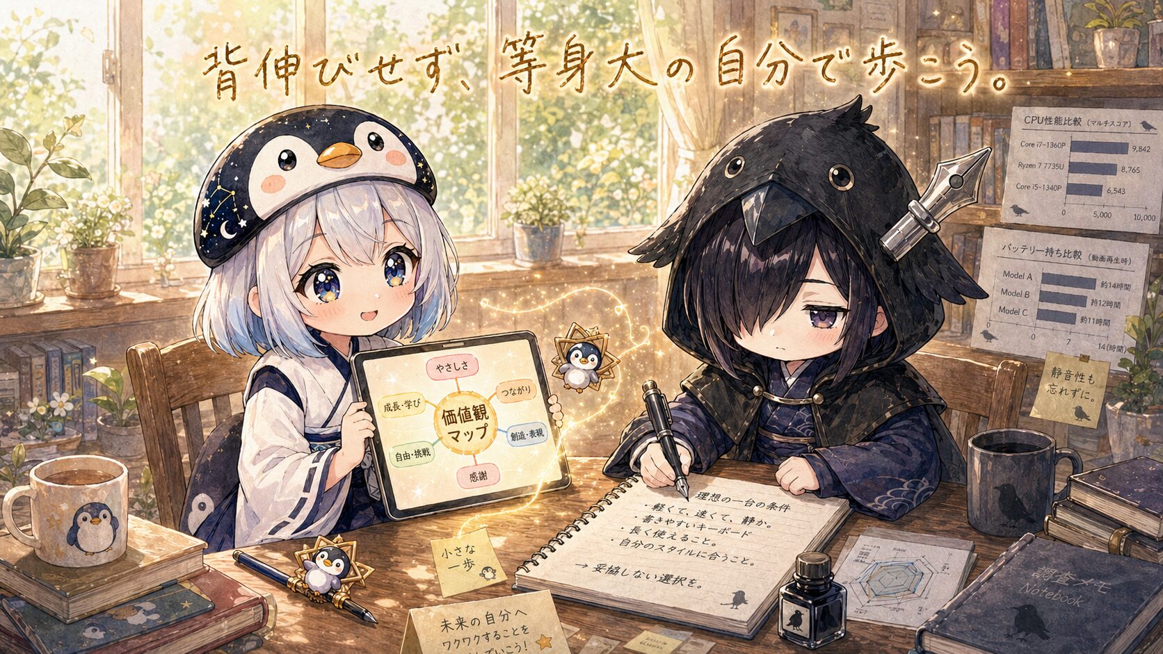 窓際に座る海空と黒羽が、春の光の中でそれぞれ自分の仕事をしている。海空はタブレット、黒羽はノート。どちらも静かに集中していて、でも二人の間にはふんわりした温かさがある。窓の外には柔らかな春の緑。画面上部に「背伸びせず、等身大の自分で歩こう。」という手書き風の文字。