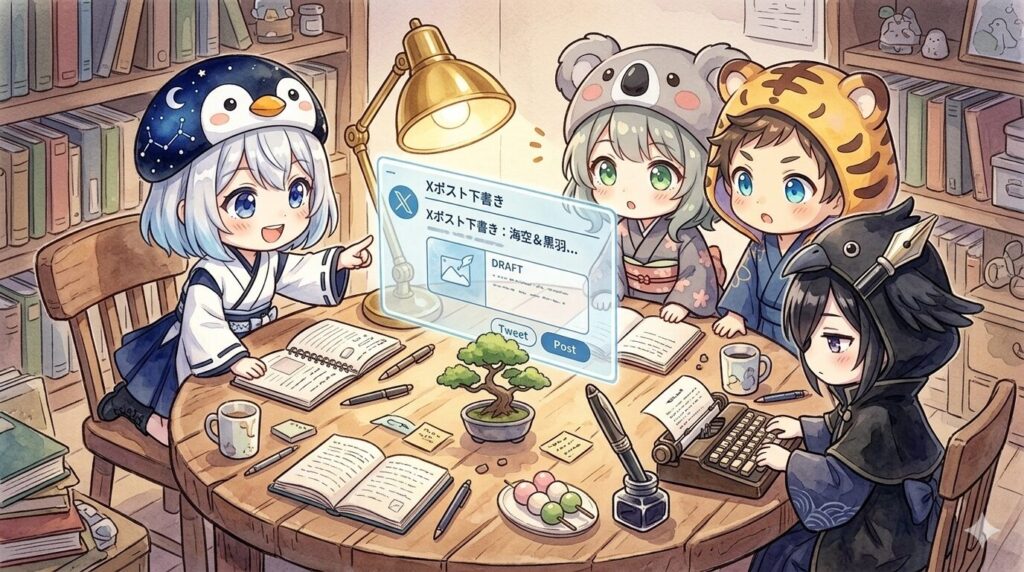 丸いテーブルを囲む四人が初めてのX投稿を一緒に作る、温かい作戦会議の風景